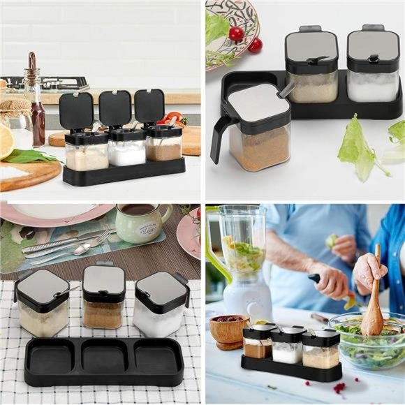 Condiment Jar Spice Container with Lids and Spoons, 8oz Clear Glass Condiment - Picture 3 of 6